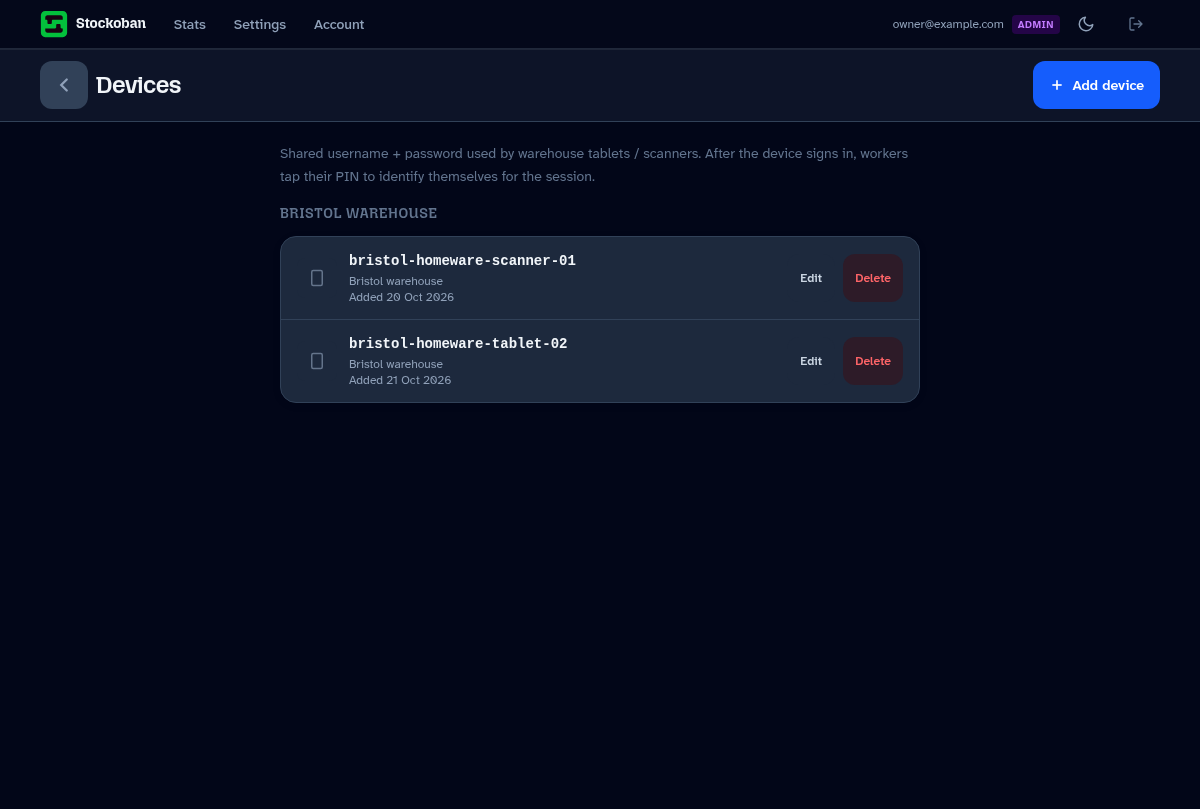Device accounts for a scanner and tablet assigned to Bristol warehouse
