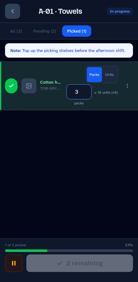 Picked tab showing the collected grey towel item and its recorded quantity