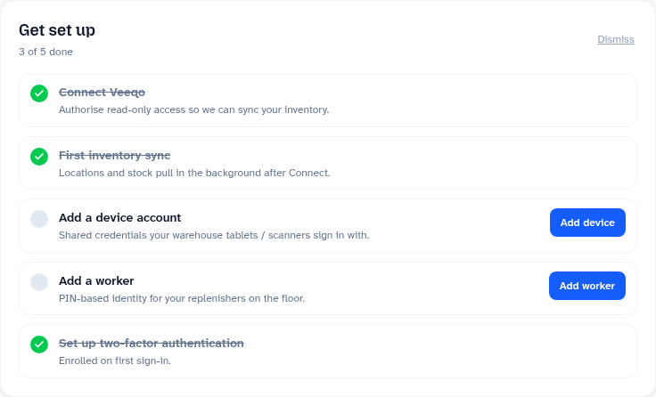 Stockoban setup checklist with Veeqo and two-factor authentication complete, and a device and worker still to add