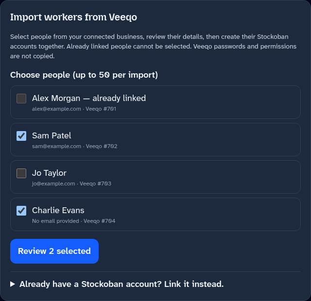 Veeqo user import with Sam Patel and Charlie Evans selected and Alex Morgan already linked
