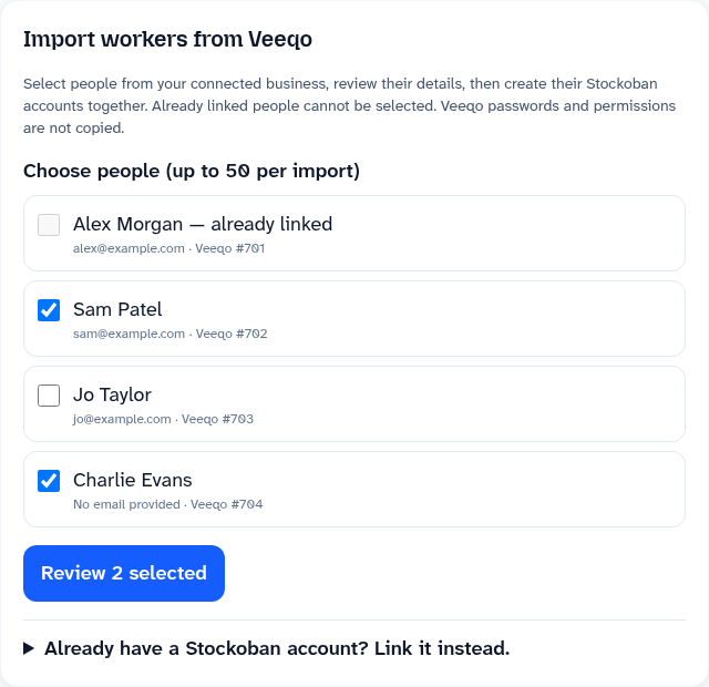 Veeqo user import with Sam Patel and Charlie Evans selected and Alex Morgan already linked