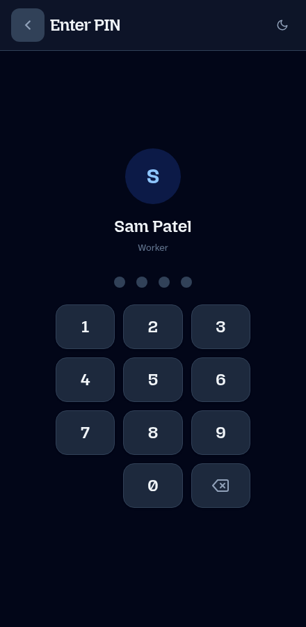 Sam Patel selected on a warehouse device with an empty personal PIN keypad