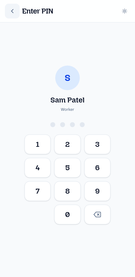 Sam Patel selected on a warehouse device with an empty personal PIN keypad